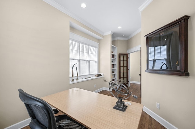 15 Westlawn Ct, Nashville, TN 37209 - office area with baseboards, built in features, ornamental molding, recessed lighting, and wood finished floors