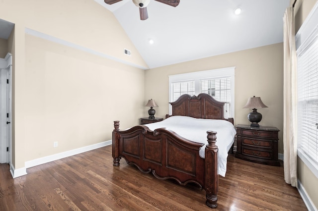 15 Westlawn Ct, Nashville, TN 37209 - bedroom with visible vents, a ceiling fan, vaulted ceiling, and dark wood-style floors