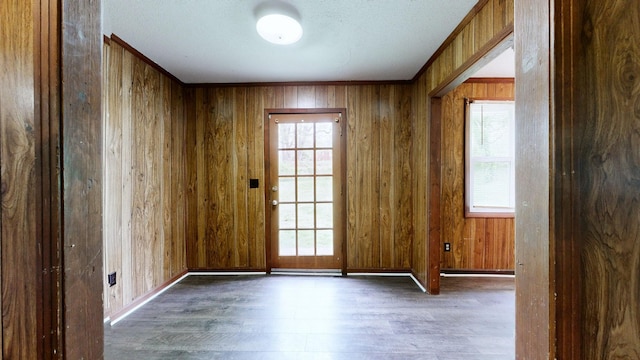 unfurnished room featuring wooden walls, wood finished floors, and a healthy amount of sunlight