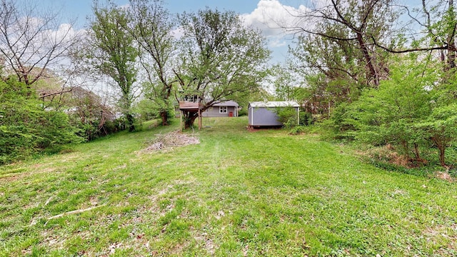 view of yard with a storage shed and an outdoor structure