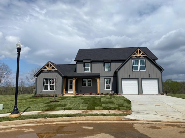 modern inspired farmhouse featuring board and batten siding, roof with shingles, a front yard, an attached garage, and concrete driveway