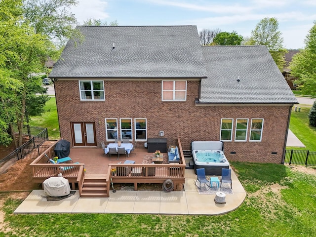 1702 Stoney Hill Ln, Spring Hill, TN 37174 - rear view of house featuring an outdoor living space, a fenced backyard, a hot tub, a wooden deck, and brick siding