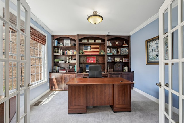 1702 Stoney Hill Ln, Spring Hill, TN 37174 - home office featuring baseboards, crown molding, light colored carpet, and french doors