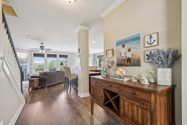 1702 Stoney Hill Ln, Spring Hill, TN 37174 - interior space with dark wood finished floors, decorative columns, baseboards, stairway, and ornamental molding
