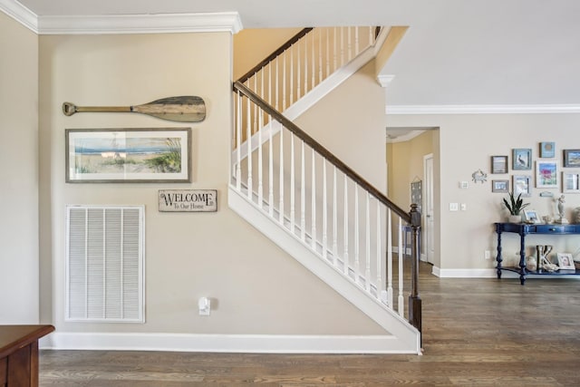 1702 Stoney Hill Ln, Spring Hill, TN 37174 - staircase featuring wood finished floors, visible vents, and crown molding