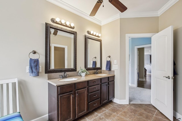 1702 Stoney Hill Ln, Spring Hill, TN 37174 - bathroom featuring tile patterned flooring, a ceiling fan, a sink, and ornamental molding