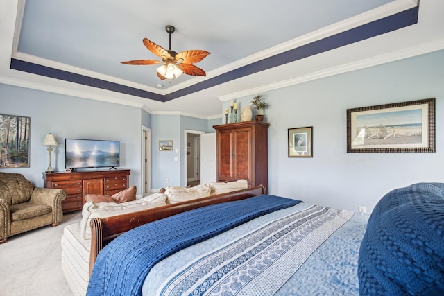 1702 Stoney Hill Ln, Spring Hill, TN 37174 - bedroom featuring a tray ceiling, a ceiling fan, light colored carpet, and ornamental molding