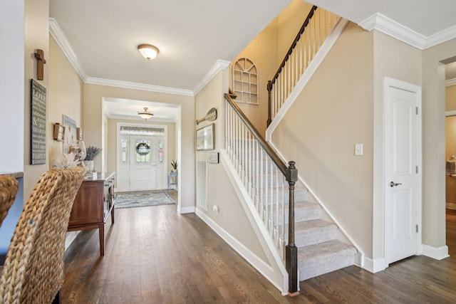 1702 Stoney Hill Ln, Spring Hill, TN 37174 - foyer entrance with baseboards, ornamental molding, stairway, and dark wood-style flooring