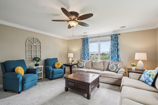 1702 Stoney Hill Ln, Spring Hill, TN 37174 - living room featuring ceiling fan, light colored carpet, and ornamental molding