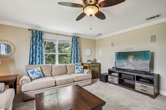 1702 Stoney Hill Ln, Spring Hill, TN 37174 - carpeted living room featuring visible vents, crown molding, and a ceiling fan