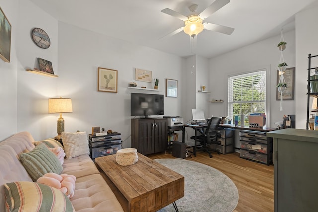 living area featuring a ceiling fan and wood finished floors