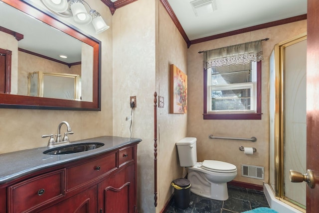 bathroom featuring a shower stall, vanity, visible vents, and ornamental molding