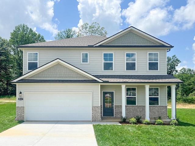 8547 Turnbull Dr, Pleasant View, TN 37146 - craftsman-style home with driveway, a front yard, a garage, a porch, and a shingled roof