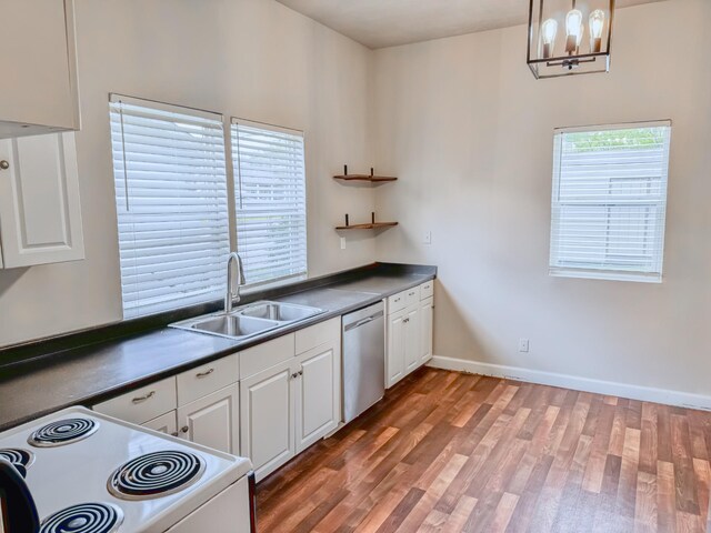 503 E Market St, Lebanon, TN 37087 - kitchen featuring white range with electric stovetop, a sink, white cabinetry, wood finished floors, and stainless steel dishwasher