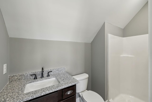 10015 Charleston Dr, Lyles, TN 37098 - bathroom featuring toilet, a stall shower, vanity, and vaulted ceiling