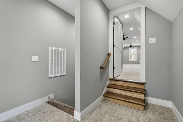 10015 Charleston Dr, Lyles, TN 37098 - stairway featuring visible vents, baseboards, recessed lighting, and carpet flooring