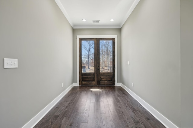 10015 Charleston Dr, Lyles, TN 37098 - doorway featuring visible vents, baseboards, dark wood-style flooring, ornamental molding, and french doors