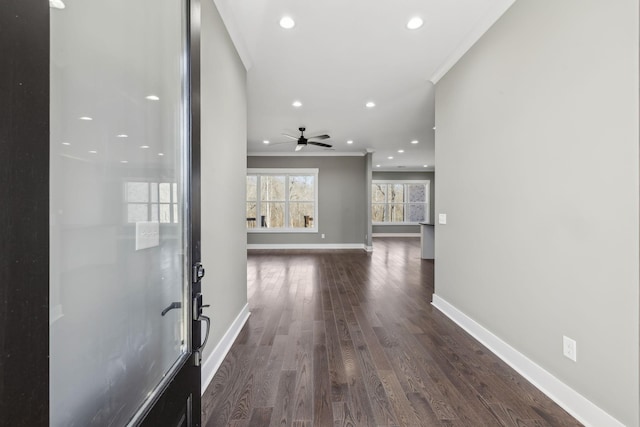 10015 Charleston Dr, Lyles, TN 37098 - hall with dark wood-type flooring, ornamental molding, baseboards, and recessed lighting