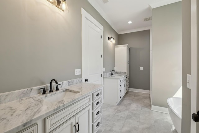 10015 Charleston Dr, Lyles, TN 37098 - full bathroom featuring two vanities, visible vents, marble finish floor, and a sink