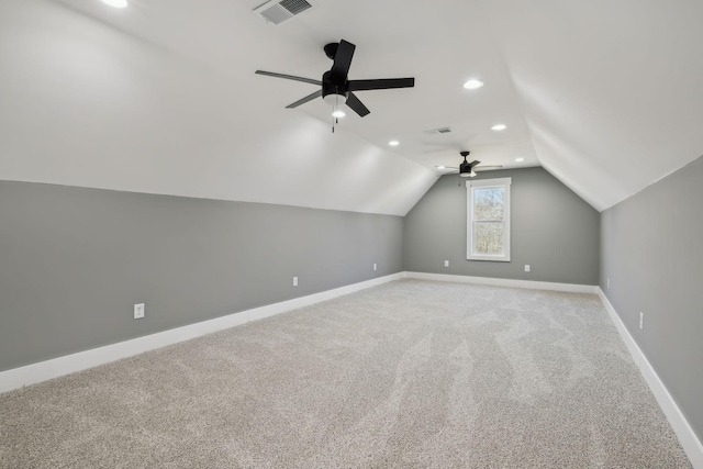 10015 Charleston Dr, Lyles, TN 37098 - bonus room featuring baseboards, visible vents, lofted ceiling, light colored carpet, and ceiling fan
