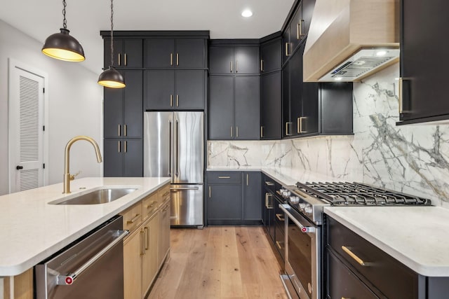 3207B Long Blvd, Nashville, TN 37203 - kitchen featuring light wood-style flooring, a sink, light countertops, premium range hood, and high quality appliances