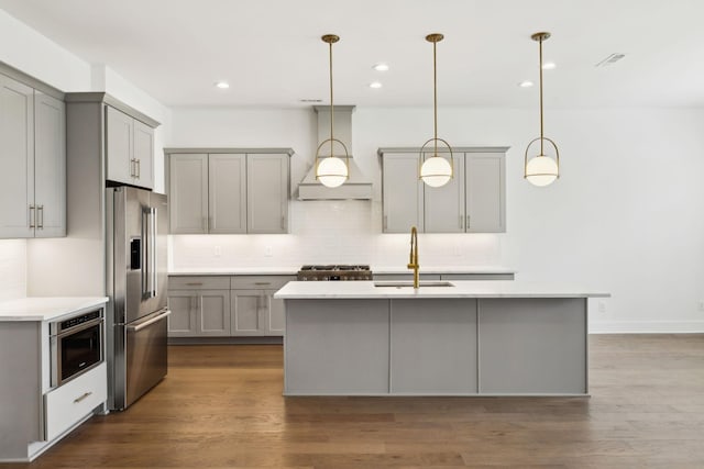 112 Shadow Springs Dr, Brentwood, TN 37027 - kitchen with tasteful backsplash, light countertops, gray cabinetry, a sink, and high quality fridge