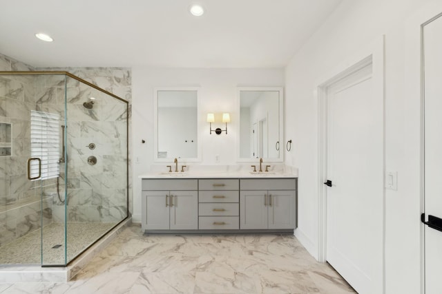 112 Shadow Springs Dr, Brentwood, TN 37027 - full bath featuring a sink, a marble finish shower, marble finish floor, and double vanity