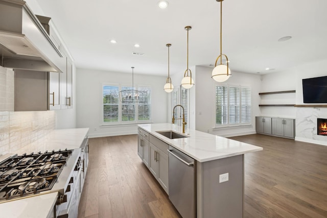112 Shadow Springs Dr, Brentwood, TN 37027 - kitchen with gray cabinets, premium range hood, dark wood-type flooring, stainless steel dishwasher, and a sink