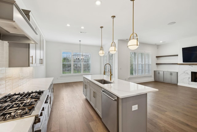 112 Shadow Springs Dr, Brentwood, TN 37027 - kitchen with stainless steel dishwasher, custom exhaust hood, a sink, gray cabinetry, and plenty of natural light