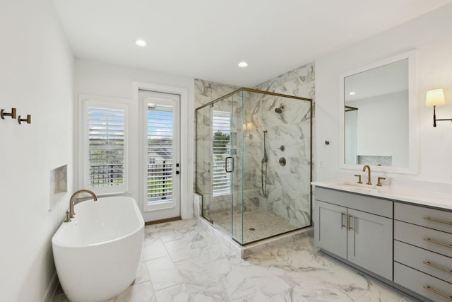 112 Shadow Springs Dr, Brentwood, TN 37027 - full bathroom featuring marble finish floor, a soaking tub, vanity, and a marble finish shower
