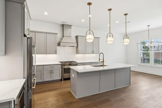 112 Shadow Springs Dr, Brentwood, TN 37027 - kitchen with a sink, premium range hood, gray cabinetry, stainless steel appliances, and decorative backsplash