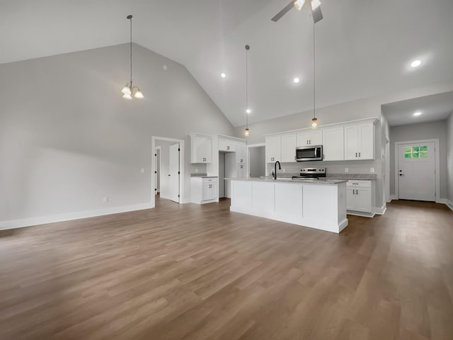 4 Young Branch Rd, Dixon Springs, TN 37057 - kitchen featuring stainless steel appliances, high vaulted ceiling, white cabinets, open floor plan, and an island with sink