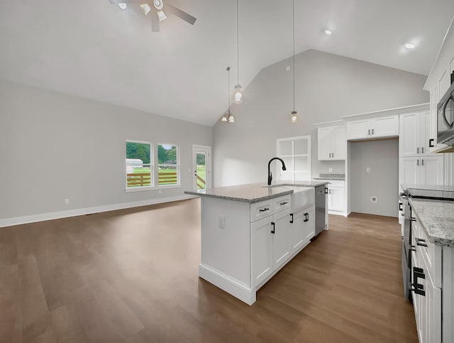 4 Young Branch Rd, Dixon Springs, TN 37057 - kitchen featuring high vaulted ceiling, appliances with stainless steel finishes, ceiling fan, wood finished floors, and white cabinets