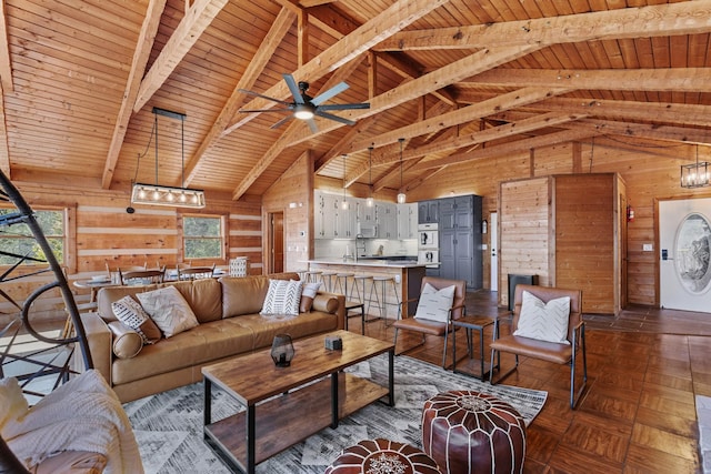 living room featuring wood walls, ceiling fan, wood ceiling, and lofted ceiling with beams