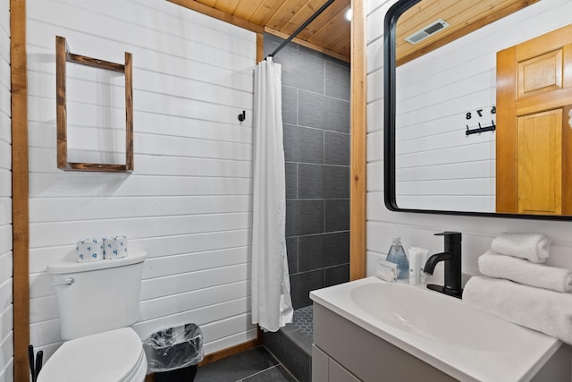 full bathroom with vanity, visible vents, toilet, wooden ceiling, and a stall shower