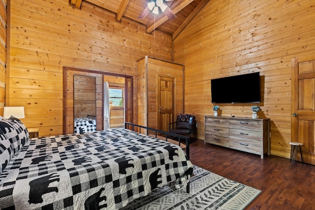 bedroom featuring wood ceiling, beamed ceiling, wood finished floors, wood walls, and high vaulted ceiling