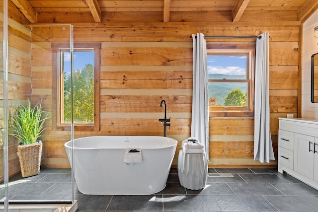 bathroom featuring wood walls, wooden ceiling, and beam ceiling