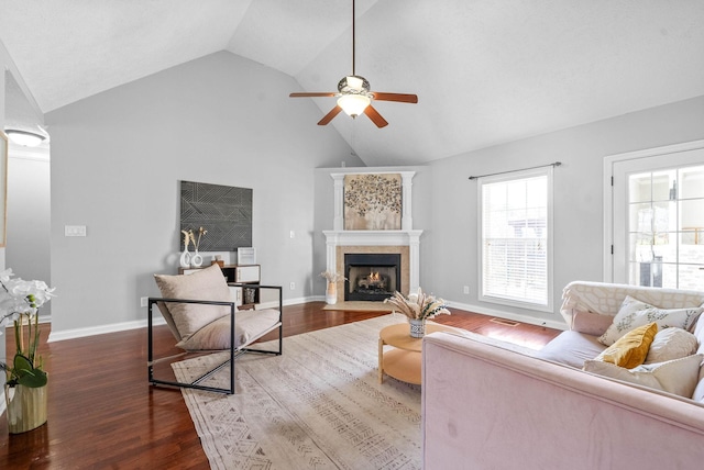 580 Mountain View Dr, Clarksville, TN 37043 - living room with ceiling fan, a fireplace, high vaulted ceiling, wood finished floors, and baseboards