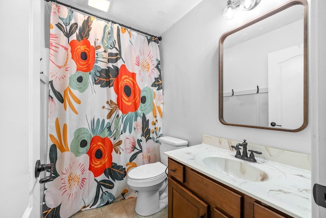 580 Mountain View Dr, Clarksville, TN 37043 - bathroom with a textured ceiling, vanity, tile patterned flooring, toilet, and curtained shower