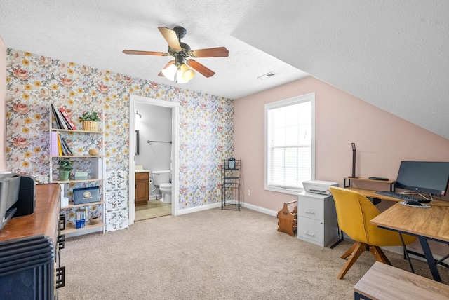 580 Mountain View Dr, Clarksville, TN 37043 - office area with ceiling fan, a textured ceiling, visible vents, carpet flooring, and baseboards