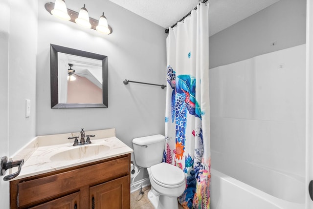 580 Mountain View Dr, Clarksville, TN 37043 - bathroom with shower / tub combo, vanity, a textured ceiling, toilet, and ceiling fan