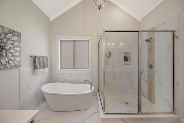 1009 Alpaca Dr, Spring Hill, TN 37174 - full bathroom with a freestanding tub, vanity, marble finish floor, lofted ceiling, and a marble finish shower