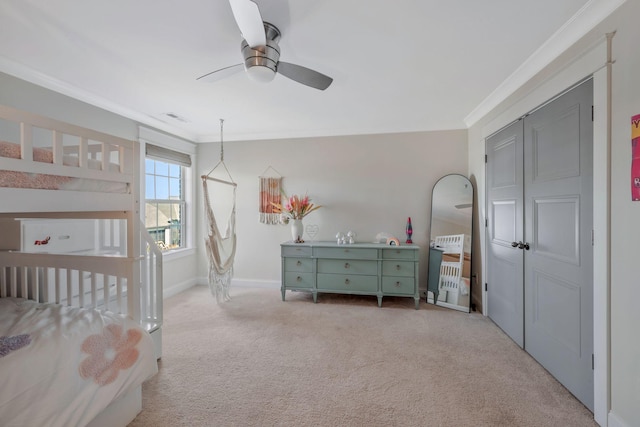 1009 Alpaca Dr, Spring Hill, TN 37174 - carpeted bedroom with crown molding, baseboards, a ceiling fan, and visible vents