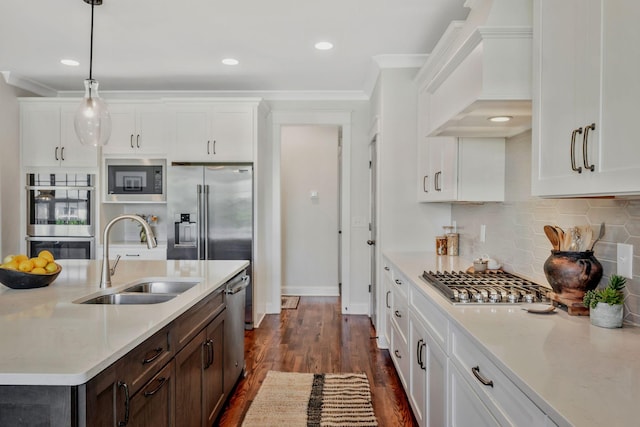 1009 Alpaca Dr, Spring Hill, TN 37174 - kitchen featuring white cabinetry, premium range hood, crown molding, stainless steel appliances, and a sink
