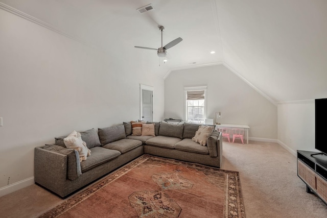 1009 Alpaca Dr, Spring Hill, TN 37174 - living room featuring a ceiling fan, visible vents, carpet flooring, lofted ceiling, and baseboards