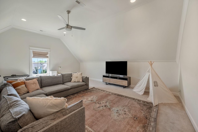 1009 Alpaca Dr, Spring Hill, TN 37174 - carpeted living room featuring a ceiling fan, visible vents, recessed lighting, lofted ceiling, and baseboards