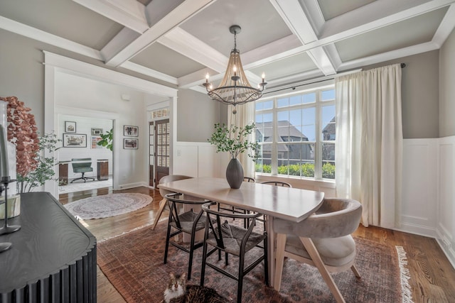 1009 Alpaca Dr, Spring Hill, TN 37174 - dining room featuring an inviting chandelier, a wainscoted wall, coffered ceiling, a decorative wall, and wood finished floors