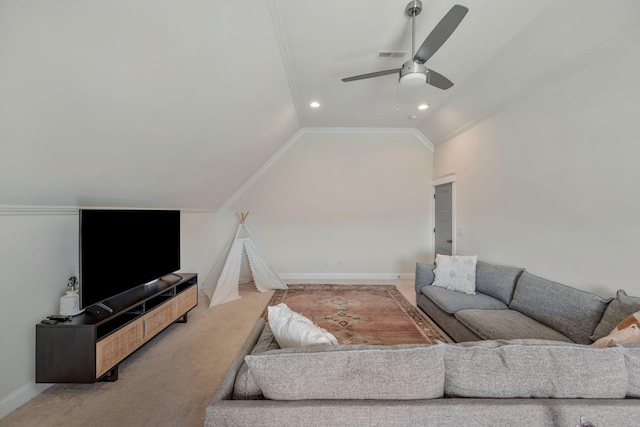 1009 Alpaca Dr, Spring Hill, TN 37174 - carpeted living area featuring a ceiling fan, vaulted ceiling, visible vents, recessed lighting, and baseboards
