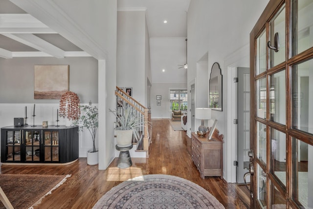 1009 Alpaca Dr, Spring Hill, TN 37174 - entryway featuring wood-type flooring, ceiling fan, stairway, and a towering ceiling