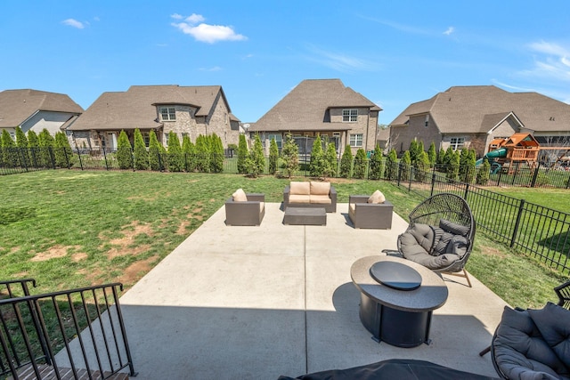 1009 Alpaca Dr, Spring Hill, TN 37174 - view of patio / terrace with an outdoor hangout area, a fenced backyard, and a residential view